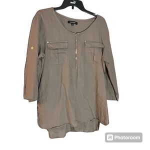 Ellen Tracy linen Large popover top Shirt Olive ling line rolled Sleeves 1/2 Zip